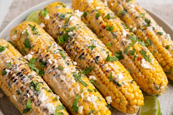 A close-up of Mexican street corn